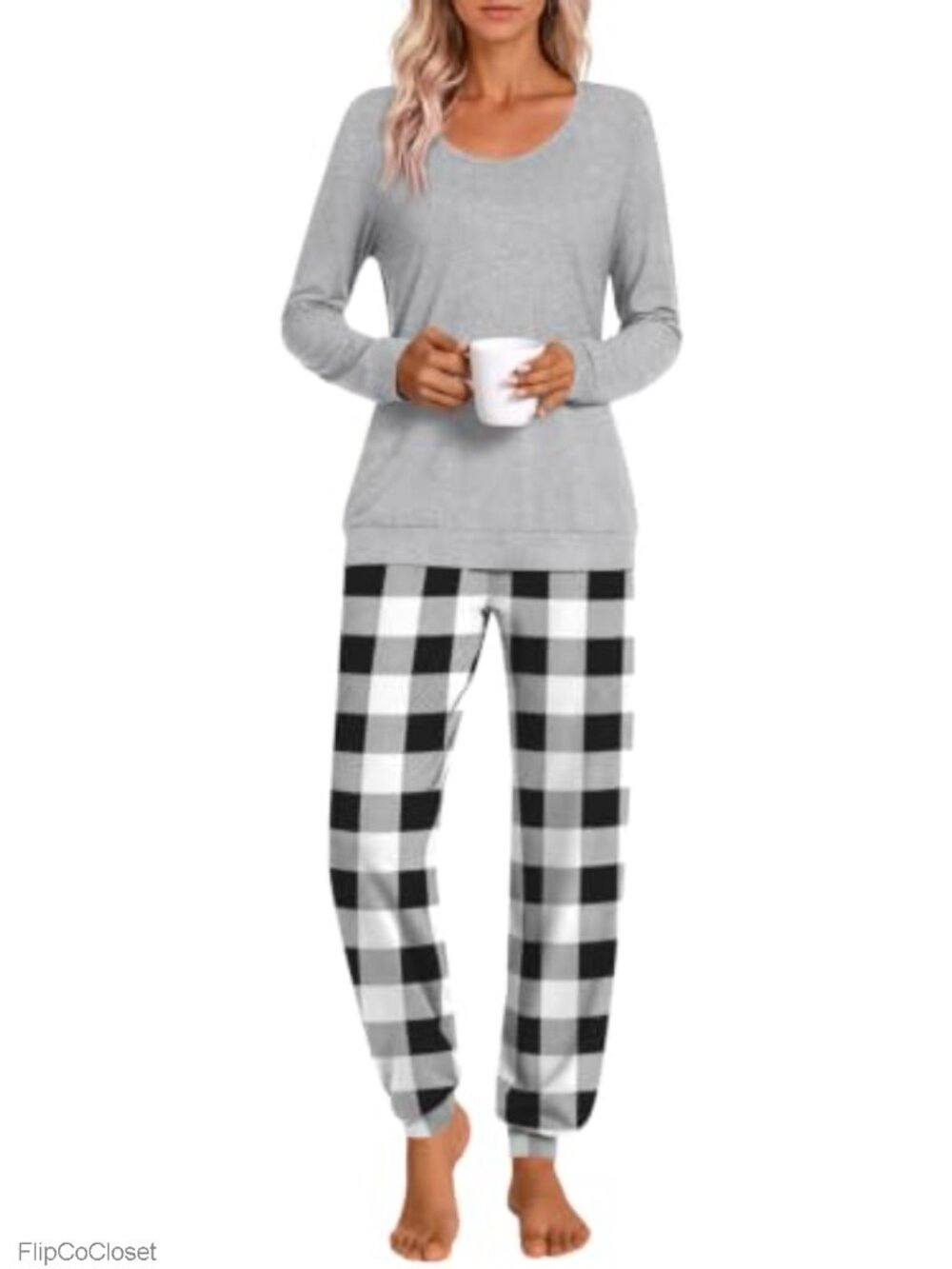HOTGIFT Women 2 Piece Pajama Lounge Set Long Sleeve Pockets Rayon Spandex